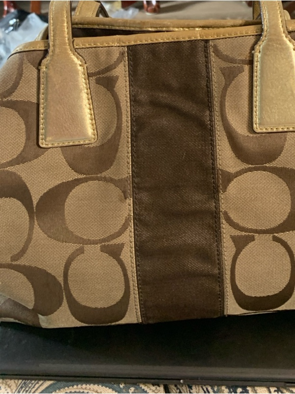Coach Two-Tone Brown Signature Tote with Center Stripe